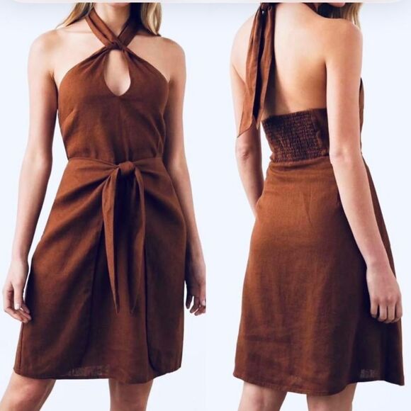Rails Tanya Cacao Dark Brown Linen Halter Dress Women’s Size Small $228 - Picture 1 of 5